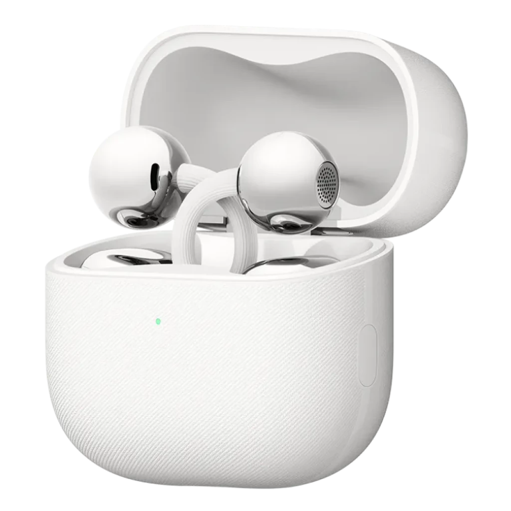 Huawei FreeClip 2 Auriculares Bluetooth con diseño open-ear en color blanco, cápsulas metálicas brillantes y estuche compacto texturizado a juego - Ítem1