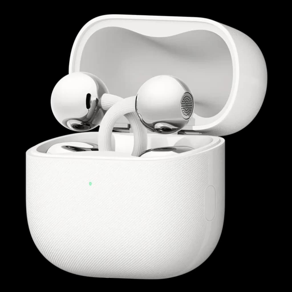 Vista a 45 grados de los auriculares Huawei FreeClip 2 ubicados en el estuche, en color blanco