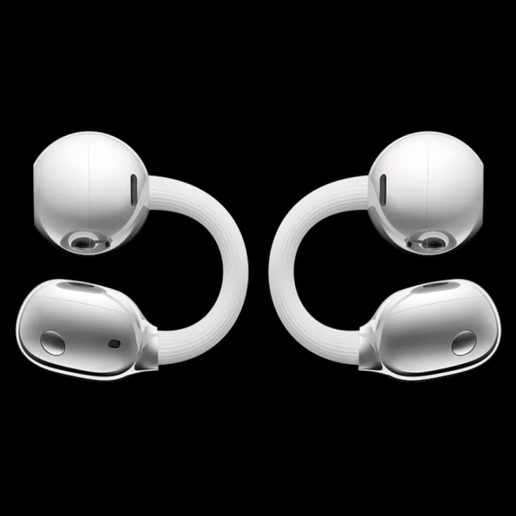 Vista frontal de los Huawei FreeClip 2 con diseño C-Bridge en color blanco