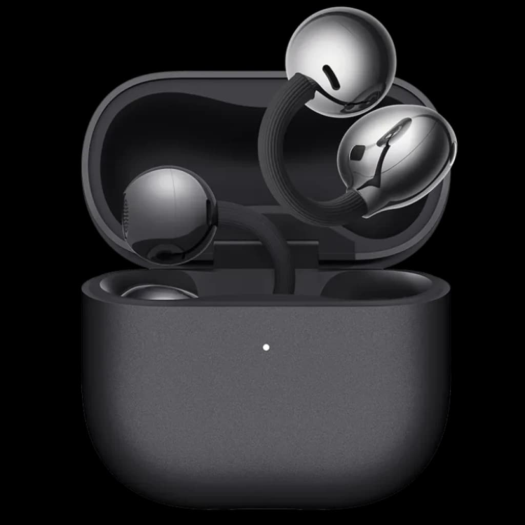 Huawei FreeClip 2 Auriculares Bluetooth con diseño open-ear en color negro, cápsulas metálicas brillantes y estuche compacto texturizado a juego