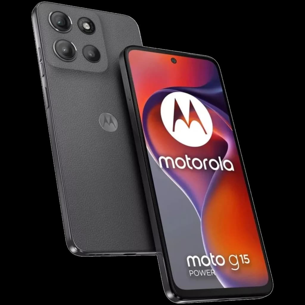 Motorola Moto G15 Power gris con triple cámara trasera, pantalla 6.72 con perforación central, acabado texturizado, logo M, bordes curvos y delgados