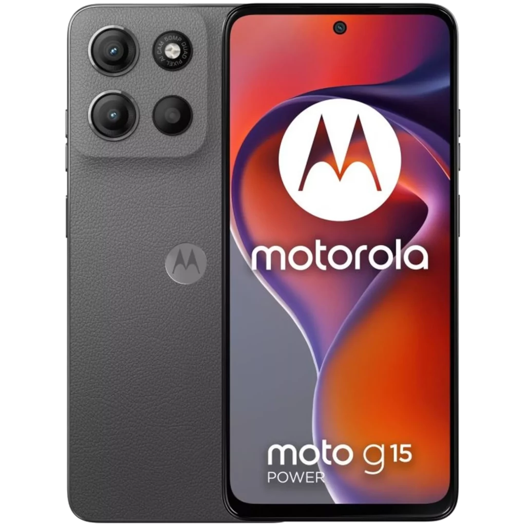 Motorola Moto G15 Power cinza com ecrã 6,72, câmara dupla 50 MP, 8 GB RAM e 512 GB. Design elegante, módulo triplo traseiro e furo central no ecrã - Item