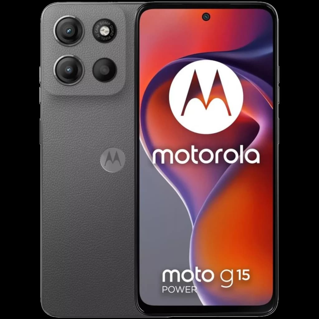 Motorola Moto G15 Power 256GB gris con pantalla 6.72, diseño fino, triple módulo trasero con cámara principal 50 MP y frontal en orificio central