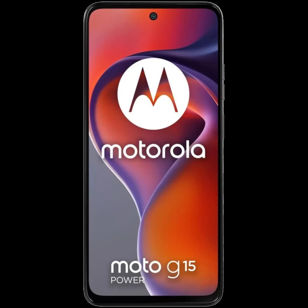 Motorola Moto G15 Power gris con pantalla 6.72 pulgadas, cámara frontal en orificio central y bordes delgados, logo Motorola en pantalla