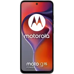Motorola Moto G15 Power gris con pantalla 6.72 pulgadas, cámara frontal en orificio central y bordes delgados, logo Motorola en pantalla