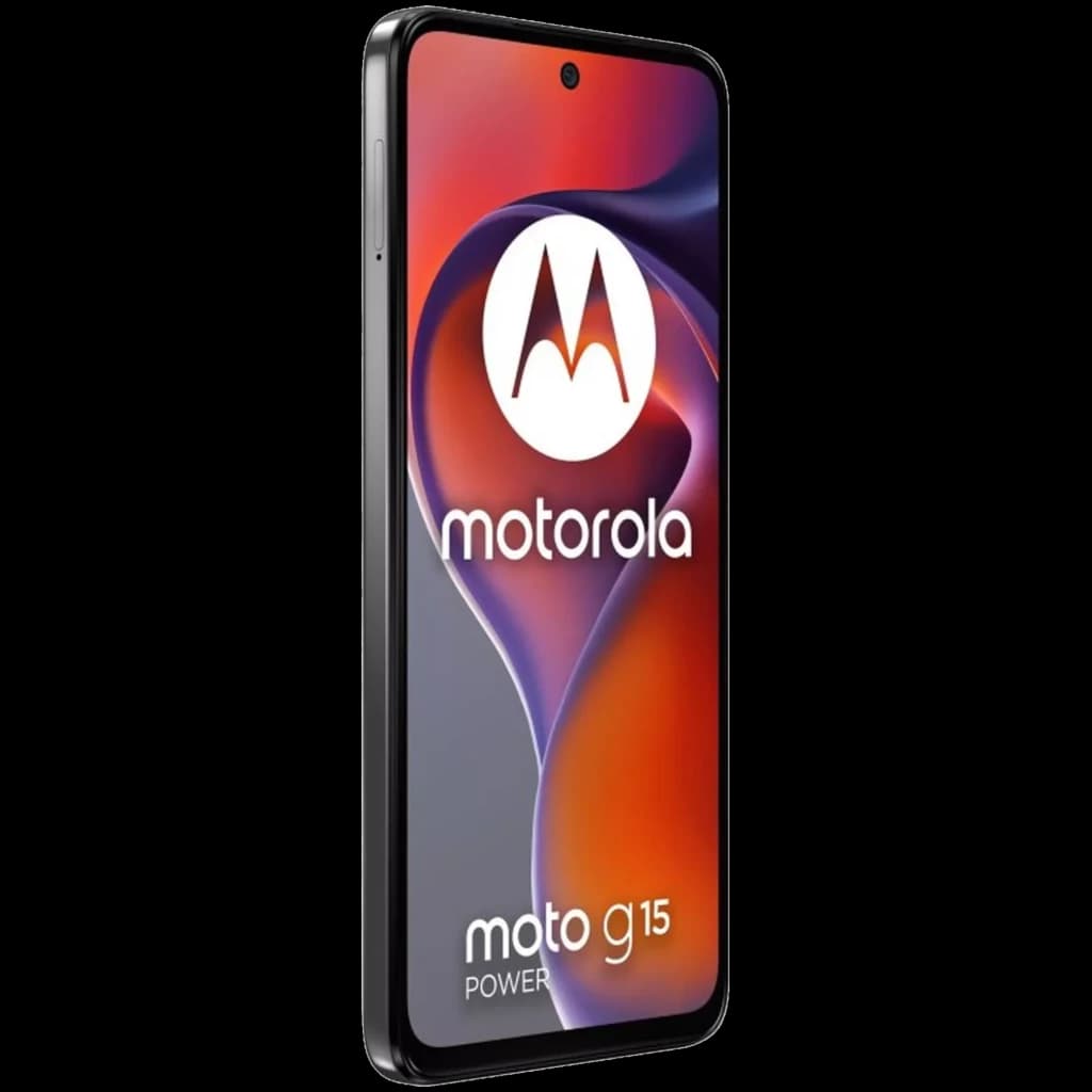 Motorola Moto G15 Power gris con pantalla 6.72 pulgadas, borde delgado, cámara frontal en orificio central y acabado lateral mate elegante
