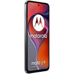 Motorola Moto G15 Power gris con pantalla 6.72 pulgadas, borde delgado, cámara frontal en orificio central y acabado lateral mate elegante