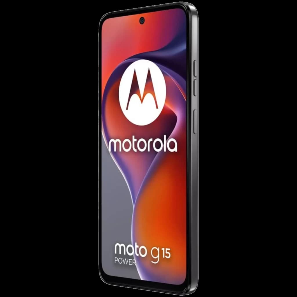 Motorola Moto G15 Power gris con pantalla de 6.72 pulgadas, bordes delgados y cámara frontal en orificio central; botones laterales visibles en el marco
