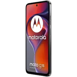 Motorola Moto G15 Power gris con pantalla de 6.72 pulgadas, bordes delgados y cámara frontal en orificio central; botones laterales visibles en el marco