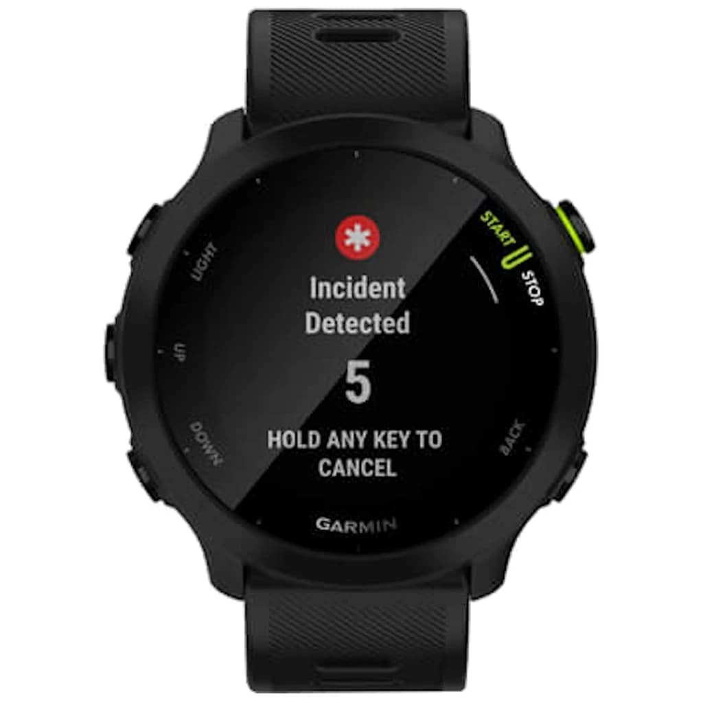 Garmin Forerunner 55 - Reloj inteligente - Desprecintado: reloj negro con pantalla redonda, alerta de incidente, botones laterales y correa deportiva ranurada