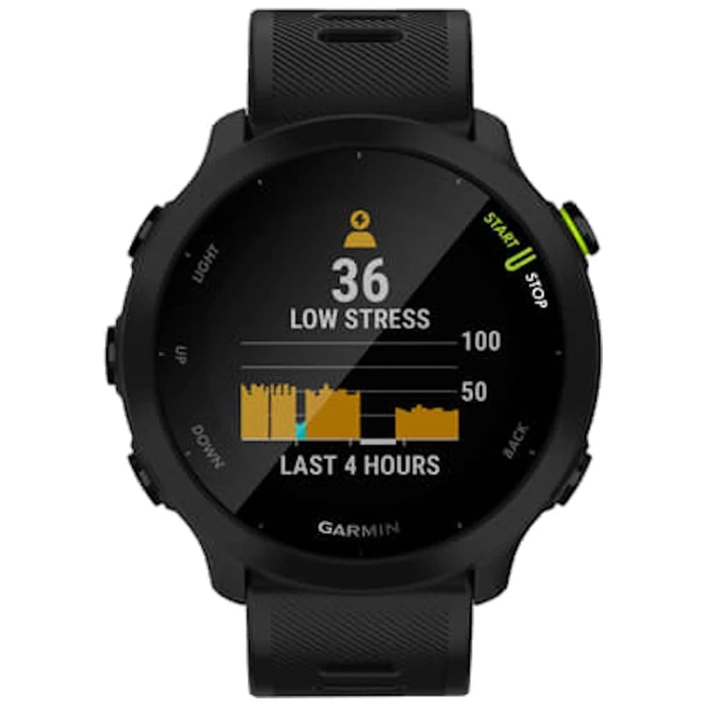 Garmin Forerunner 55 – reloj deportivo negro con pantalla circular, botones laterales, correa de silicona y gráfico de estrés en tiempo real. Desprecintado.