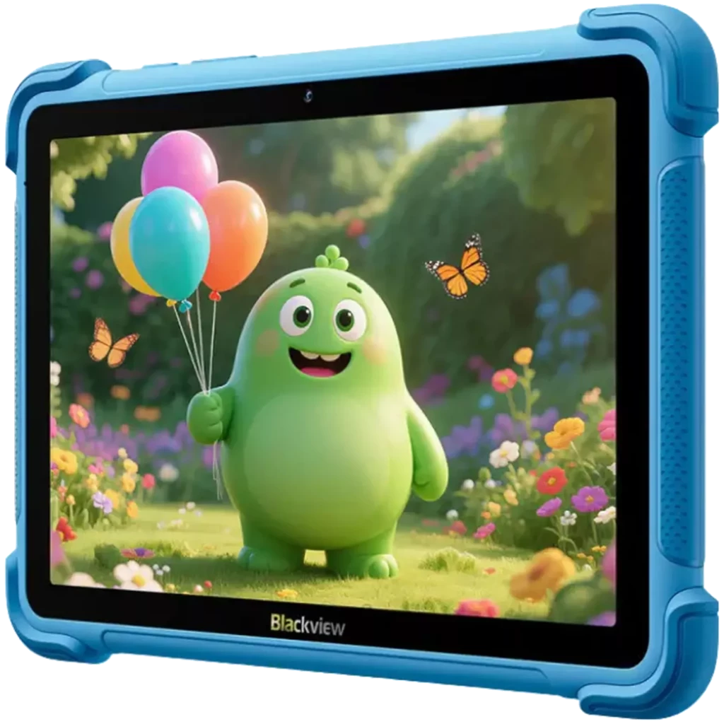 Tablette enfant bleu avec coque robuste et poignée support lion jaune, écran 8,68 pouces, caméra frontale, haut-parleurs intégrés, design ludique et - Ítem1