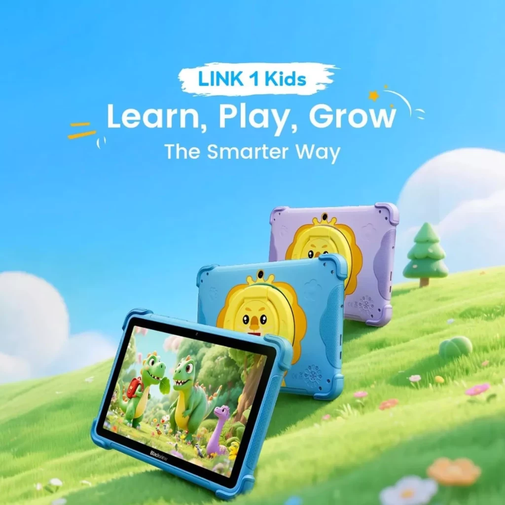 Tablette enfant bleu avec coque robuste et poignée support lion jaune, écran 8,68 pouces, caméra frontale, haut-parleurs intégrés, design ludique et - Ítem5