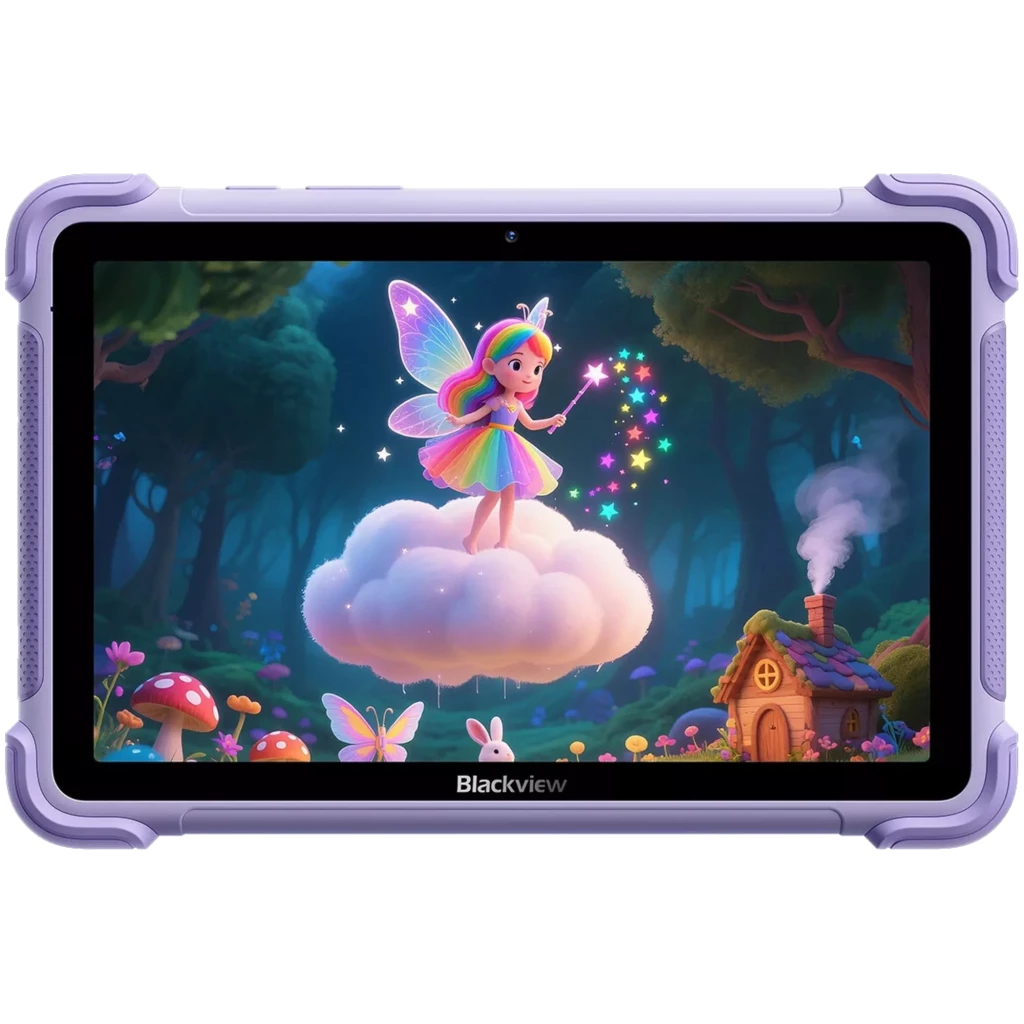 Tablette enfant violette Blackview Link 1 Kids 4 Go 64 Go, grand écran, coque robuste avec lion jaune et poignée rotative, caméra et haut-parleurs intégrés - Ítem1
