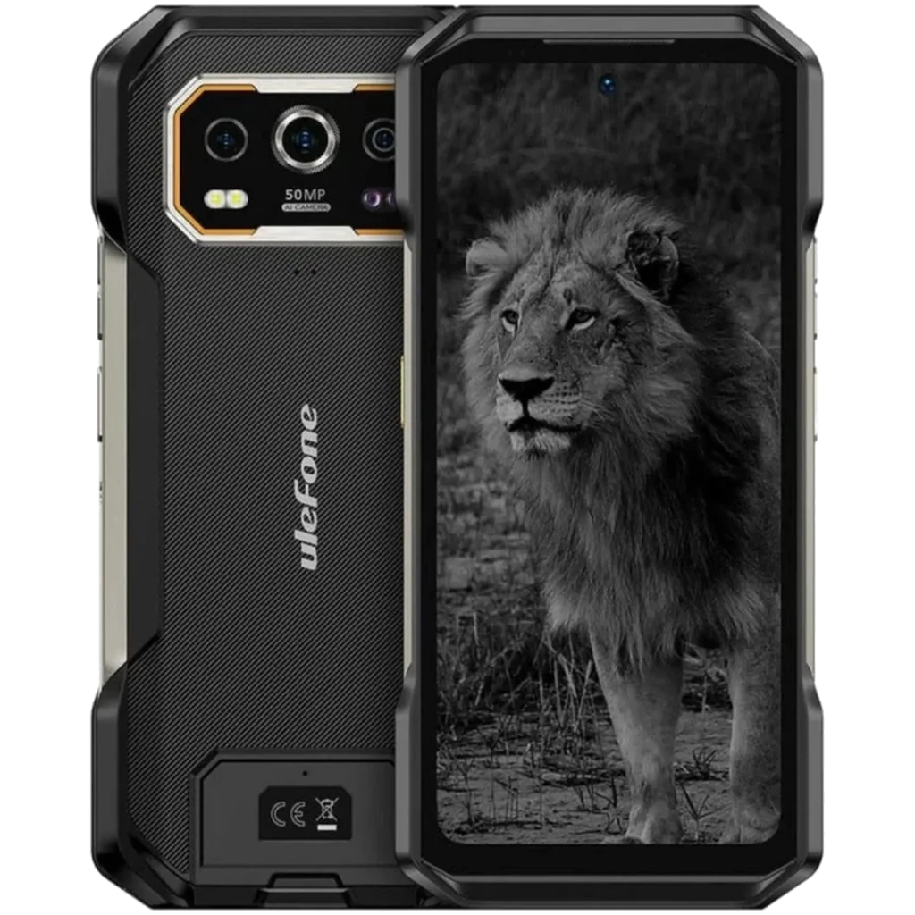 Ulefone Armor 27T Pro Plus 5G negro, diseño robusto con esquinas reforzadas, módulo de cámara 50 MP con FLIR térmica, pantalla frontal con biseles gruesos - Ítem