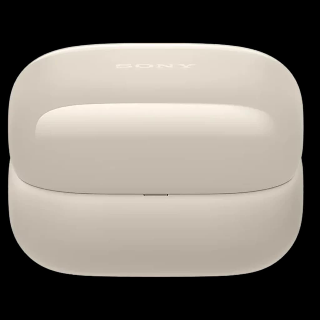 Estuche beige compacto con logo Sony para LinkBuds Clip WF-LC900, acabado brillante y bordes redondeados, diseño minimalista y portátil