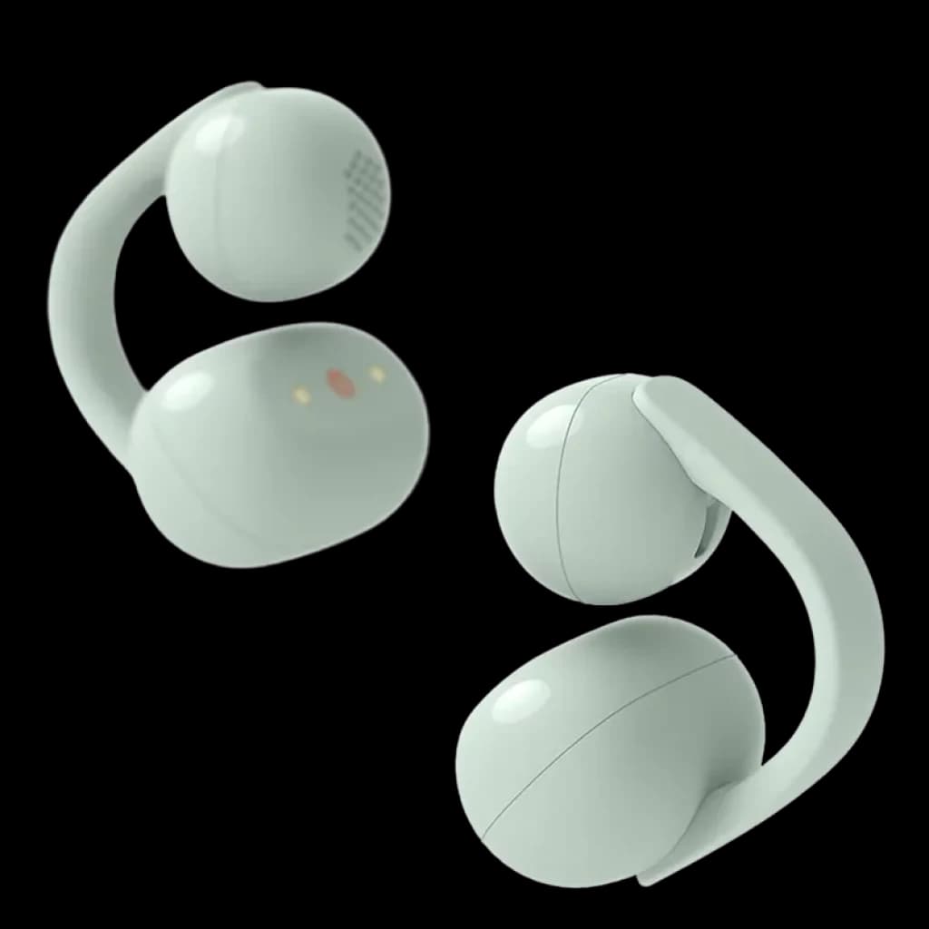 Auriculares Sony LinkBuds Clip WF-LC900 verde menta, diseño open-ear con clip curvo, dos módulos redondeados, rejilla de audio y pines de carga visibles