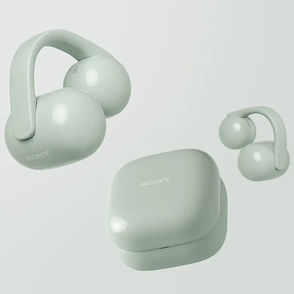 Auriculares Sony LinkBuds Clip WF-LC900 verdes, diseño open-ear en forma de clip, compactos y curvos, acabado mate con puertos y pines visibles