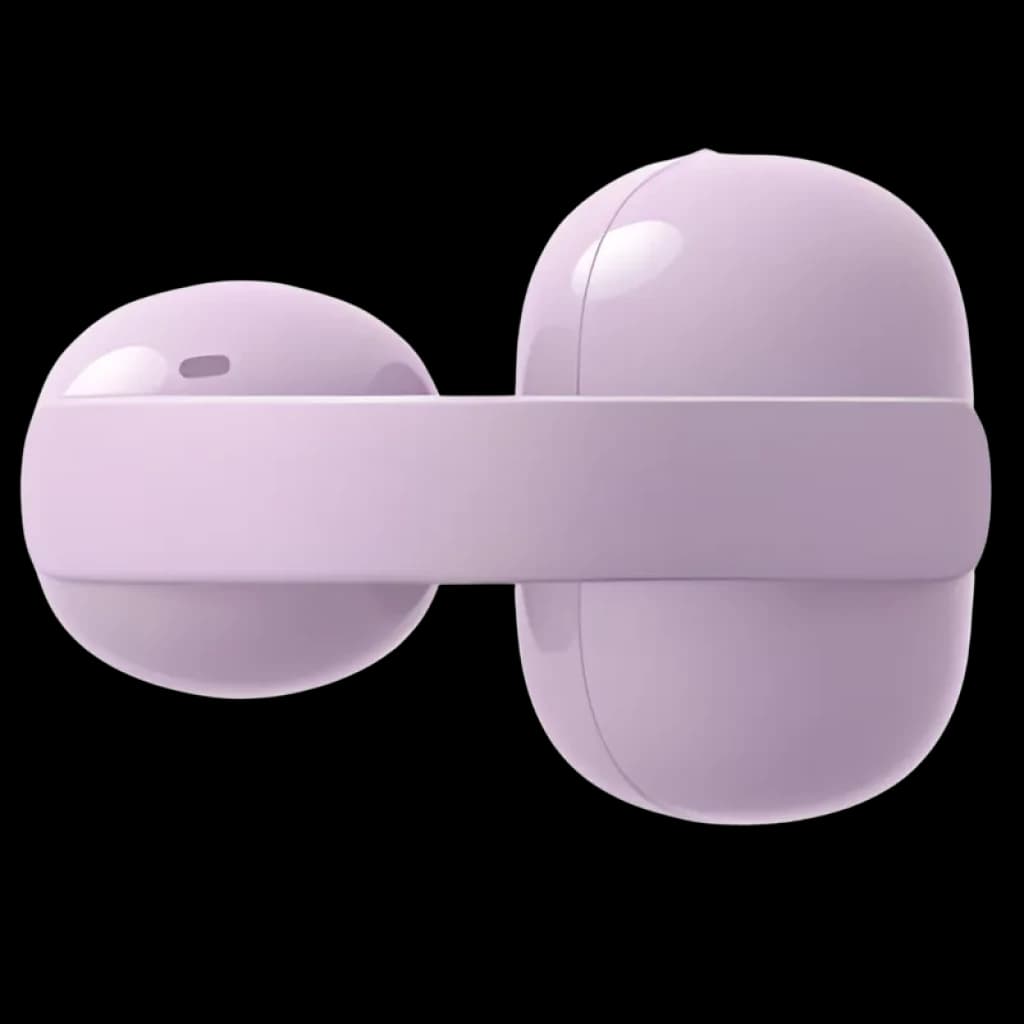 Auricular clip abierto lavanda con diseño ovalado brillante y banda lateral flexible; estilo TWS open-ear compatible con 3 modos de escucha