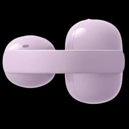 Auricular clip abierto lavanda con diseño ovalado brillante y banda lateral flexible; estilo TWS open-ear compatible con 3 modos de escucha