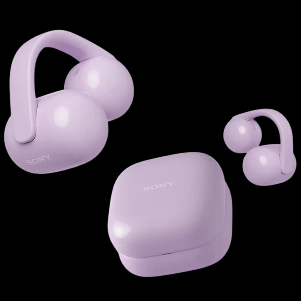 Auriculares TWS open-ear lavanda con diseño tipo clip, dos módulos redondeados por oreja y estuche compacto a juego con logo Sony visible