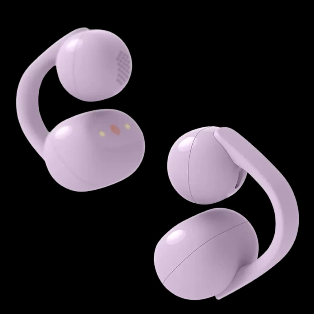 Auriculares TWS open ear color lavanda con diseño clip en forma de aro, cúpulas redondeadas, rejilla de audio visible y tres puntos dorados de contacto