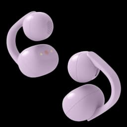 Auriculares TWS open ear color lavanda con diseño clip en forma de aro, cúpulas redondeadas, rejilla de audio visible y tres puntos dorados de contacto