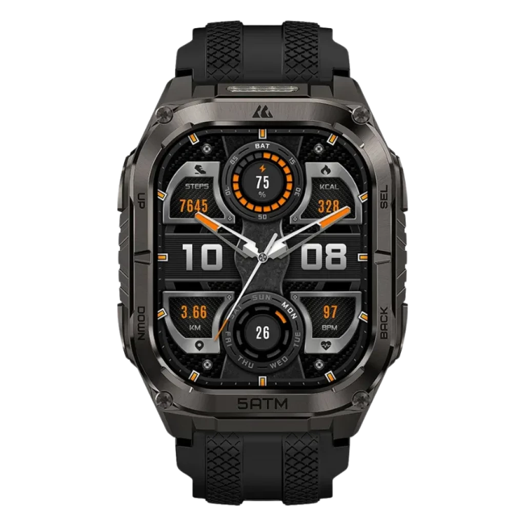 Kospet Tank M4C negro con correa negra, caja metálica robusta, pantalla AMOLED 1.96 con bordes rectos, botones laterales y carátula con métricas deportivas - Ítem11