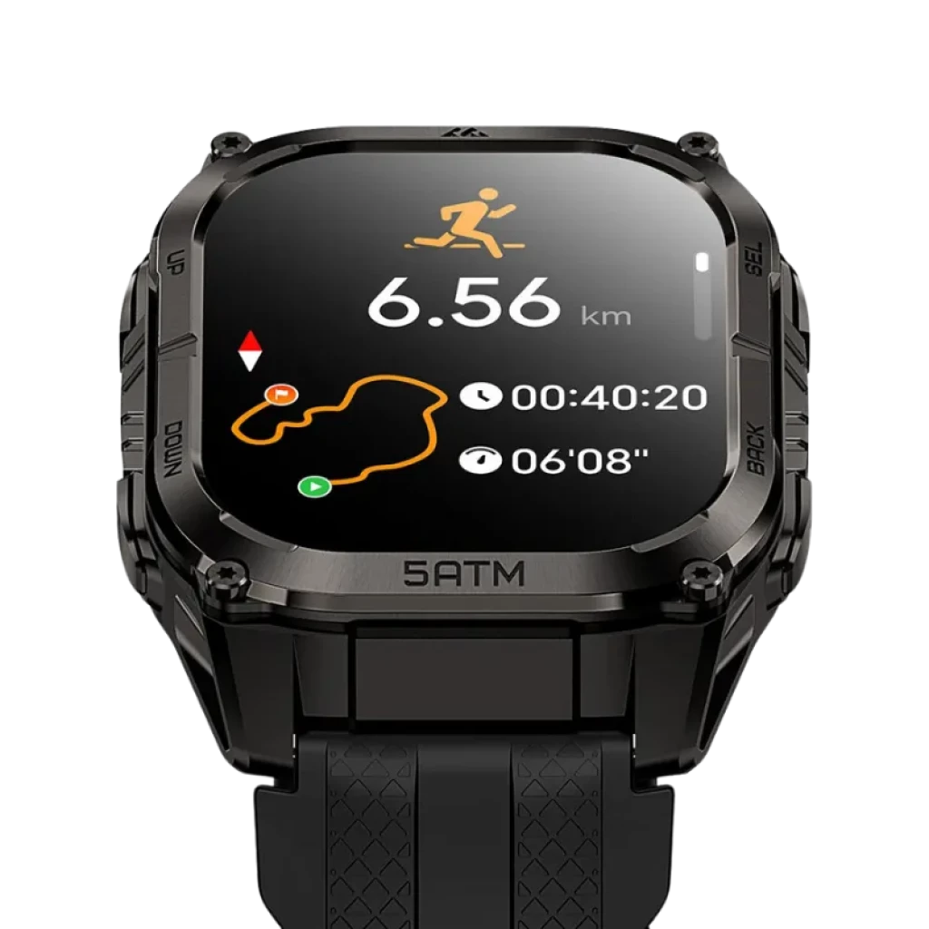 Kospet Tank M4C negro con correa negra, caja metálica robusta, pantalla AMOLED 1.96 con bordes rectos, botones laterales y carátula con métricas deportivas - Ítem12