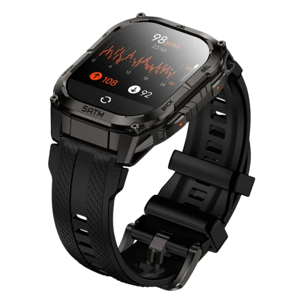 Kospet Tank M4C negro con correa negra, caja metálica robusta, pantalla AMOLED 1.96 con bordes rectos, botones laterales y carátula con métricas deportivas - Ítem13