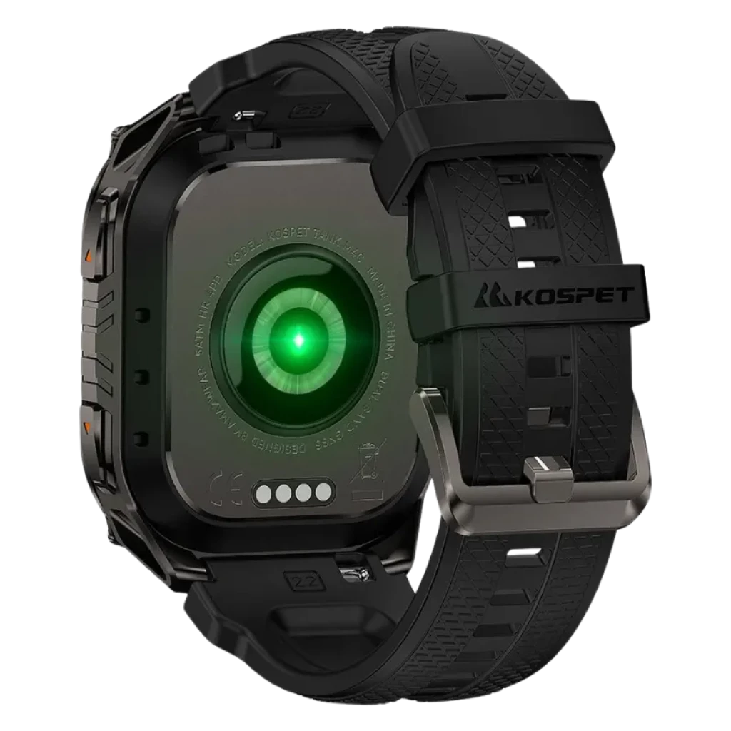 Kospet Tank M4C negro con correa negra, caja metálica robusta, pantalla AMOLED 1.96 con bordes rectos, botones laterales y carátula con métricas deportivas - Ítem14