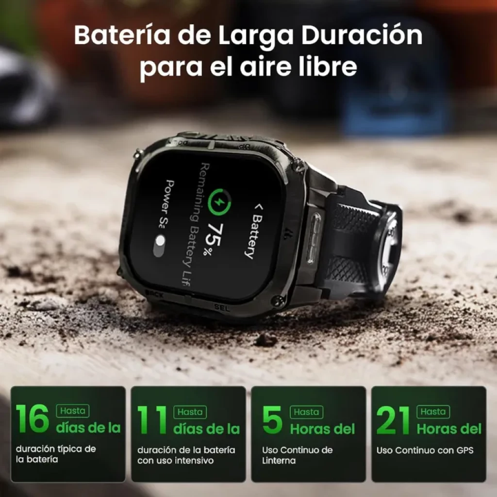 Kospet Tank M4C negro con correa negra, caja metálica robusta, pantalla AMOLED 1.96 con bordes rectos, botones laterales y carátula con métricas deportivas - Ítem17