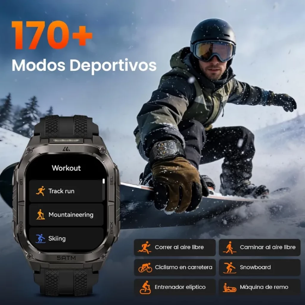 Kospet Tank M4C negro con correa negra, caja metálica robusta, pantalla AMOLED 1.96 con bordes rectos, botones laterales y carátula con métricas deportivas - Ítem19