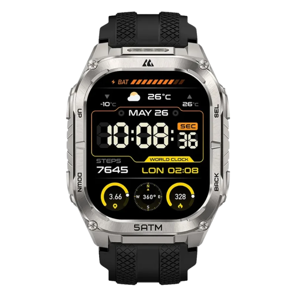 Kospet Tank M4C negro con correa negra, caja metálica robusta, pantalla AMOLED 1.96 con bordes rectos, botones laterales y carátula con métricas deportivas - Ítem1