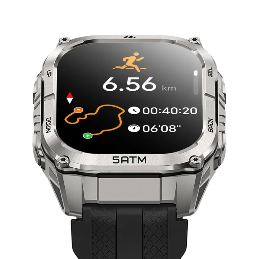 Kospet Tank M4C negro con correa negra, caja metálica robusta, pantalla AMOLED 1.96 con bordes rectos, botones laterales y carátula con métricas deportivas - Ítem2