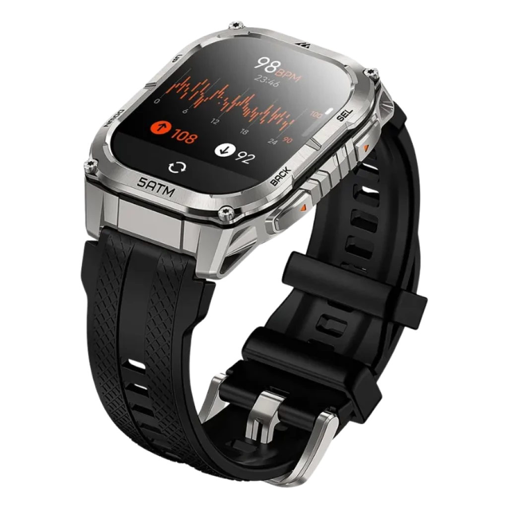 Kospet Tank M4C negro con correa negra, caja metálica robusta, pantalla AMOLED 1.96 con bordes rectos, botones laterales y carátula con métricas deportivas - Ítem3