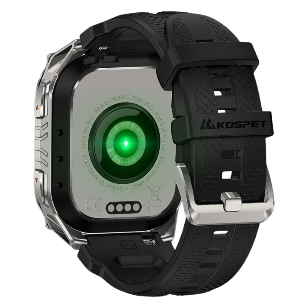 Kospet Tank M4C negro con correa negra, caja metálica robusta, pantalla AMOLED 1.96 con bordes rectos, botones laterales y carátula con métricas deportivas - Ítem4