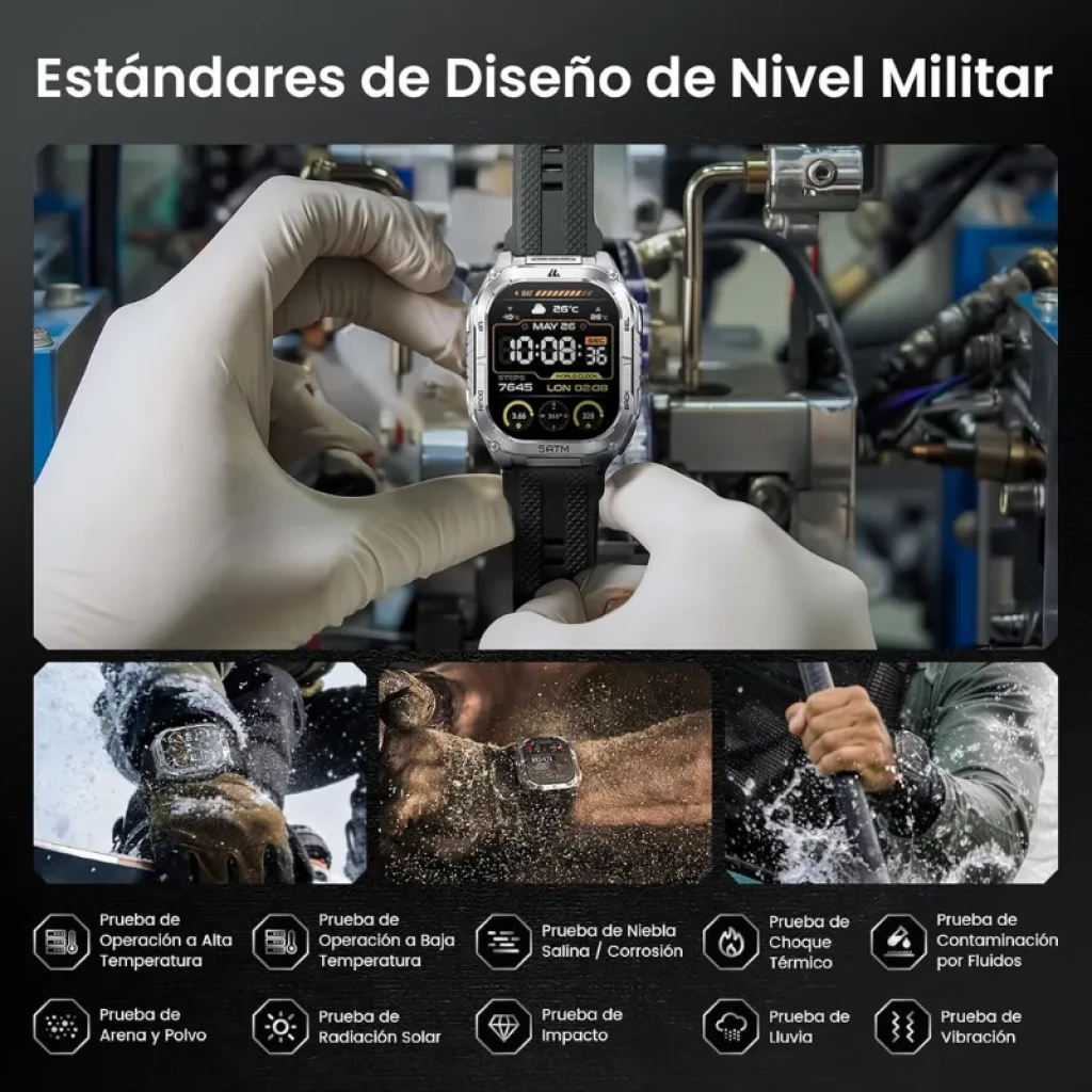 Kospet Tank M4C negro con correa negra, caja metálica robusta, pantalla AMOLED 1.96 con bordes rectos, botones laterales y carátula con métricas deportivas - Ítem5