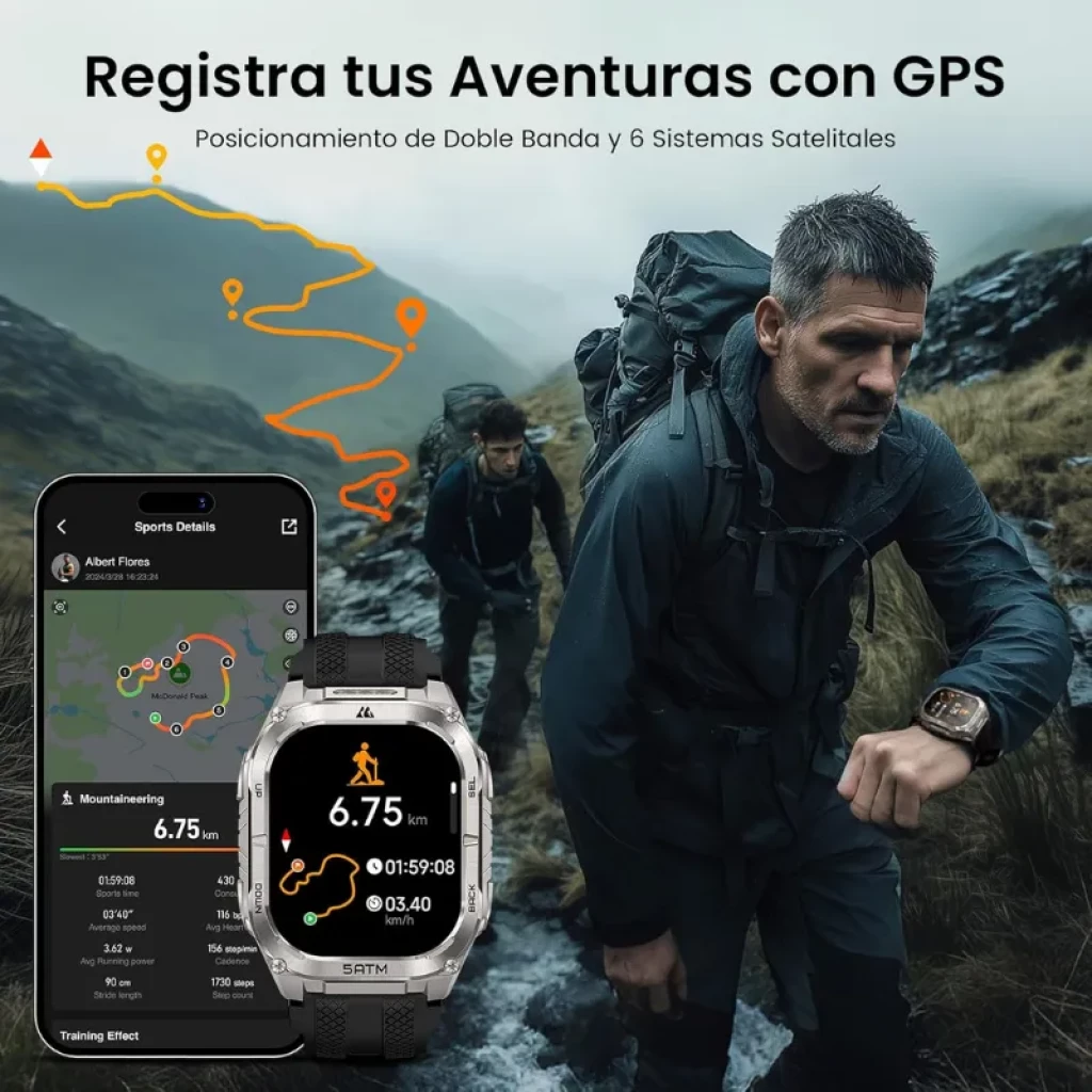 Kospet Tank M4C negro con correa negra, caja metálica robusta, pantalla AMOLED 1.96 con bordes rectos, botones laterales y carátula con métricas deportivas - Ítem6