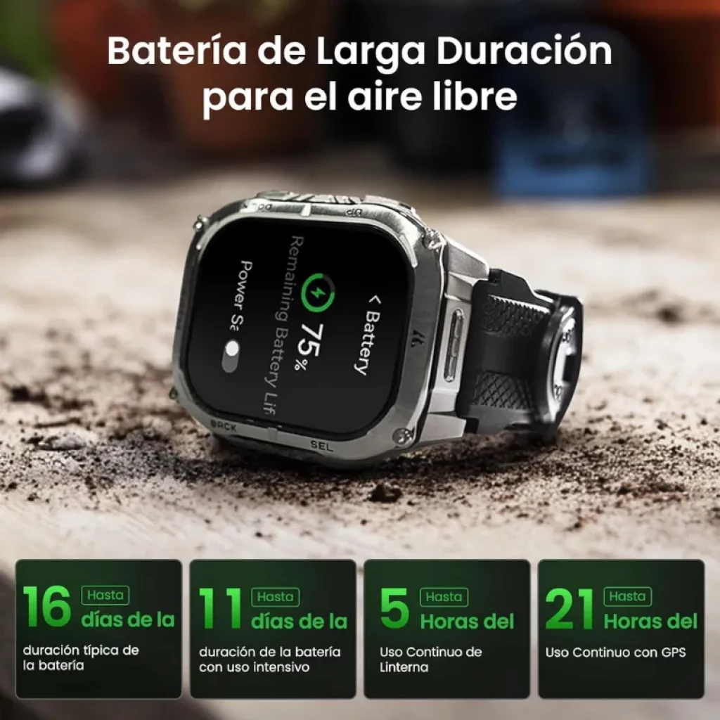Kospet Tank M4C negro con correa negra, caja metálica robusta, pantalla AMOLED 1.96 con bordes rectos, botones laterales y carátula con métricas deportivas - Ítem7
