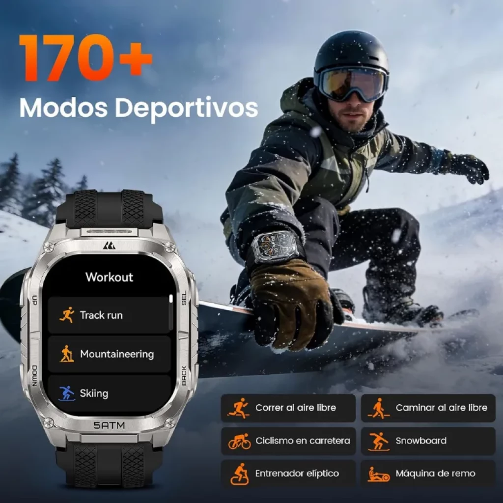 Kospet Tank M4C negro con correa negra, caja metálica robusta, pantalla AMOLED 1.96 con bordes rectos, botones laterales y carátula con métricas deportivas - Ítem9