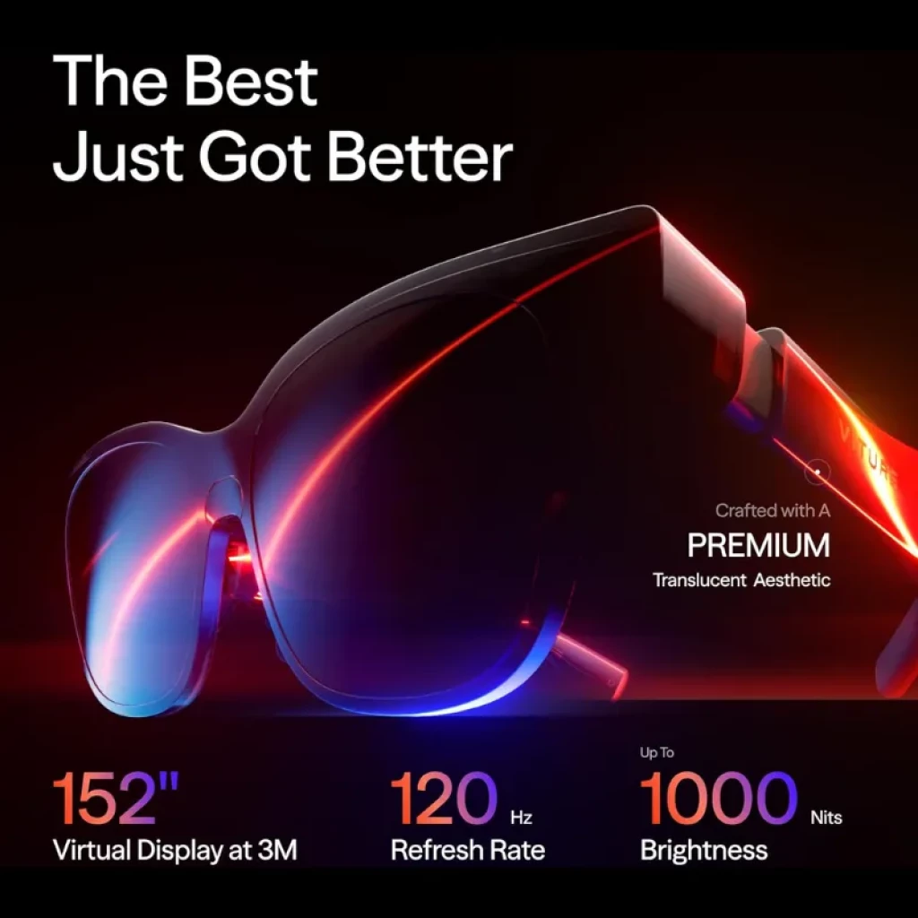 Viture Luma Pro XR Talla L gafas AR con lentes azul espejo, montura negra elegante y patillas de fibra de carbono con detalles naranjas y logo VITURE - Ítem1