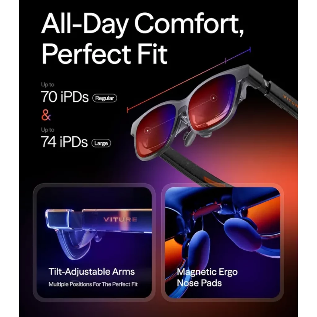 Viture Luma Pro XR Talla L gafas AR con lentes azul espejo, montura negra elegante y patillas de fibra de carbono con detalles naranjas y logo VITURE - Ítem5