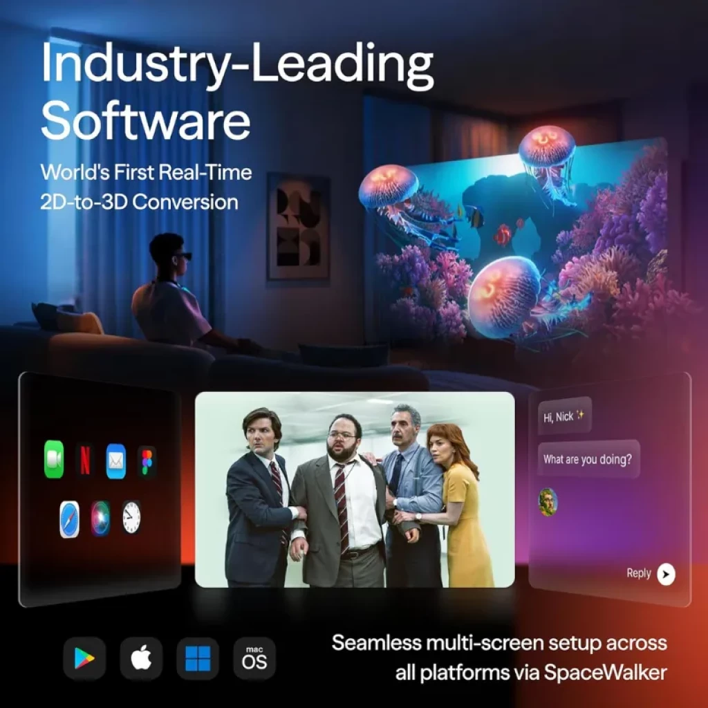 Viture Luma Pro XR Talla L gafas AR con lentes azul espejo, montura negra elegante y patillas de fibra de carbono con detalles naranjas y logo VITURE - Ítem6