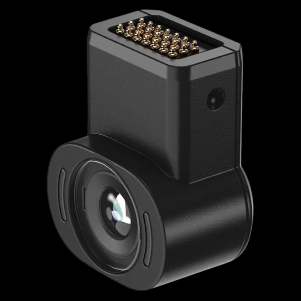 Module de caméra noire pour lunettes AR avec lentille grand angle saillante et connecteur à broches dorées supérieur ; design compact et finition mate XREAL Eye 6