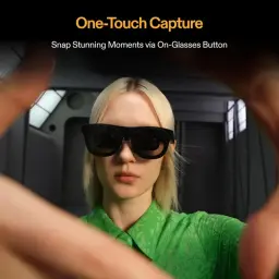 Caméra pour lunettes AR avec bouton sur la monture, capture tactile, design noir minimaliste et larges lentilles dans un cadre robuste