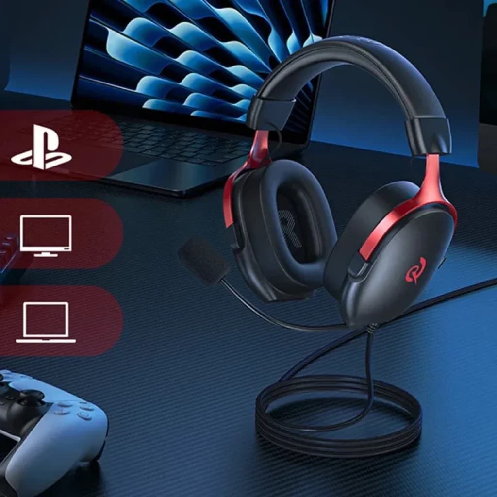 Casque gaming QCY Heroad VN200 noir et rouge avec micro flexible, arceau rembourré, oreillettes ovales, câble USB-A long, compatible PC et console