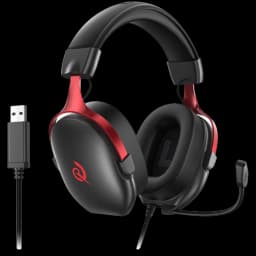 Casque gaming noir et rouge avec arceau rembourré, oreillettes ovales fermées, micro amovible, connecteur USB-A et haut-parleurs dynamiques 40 mm 7.1