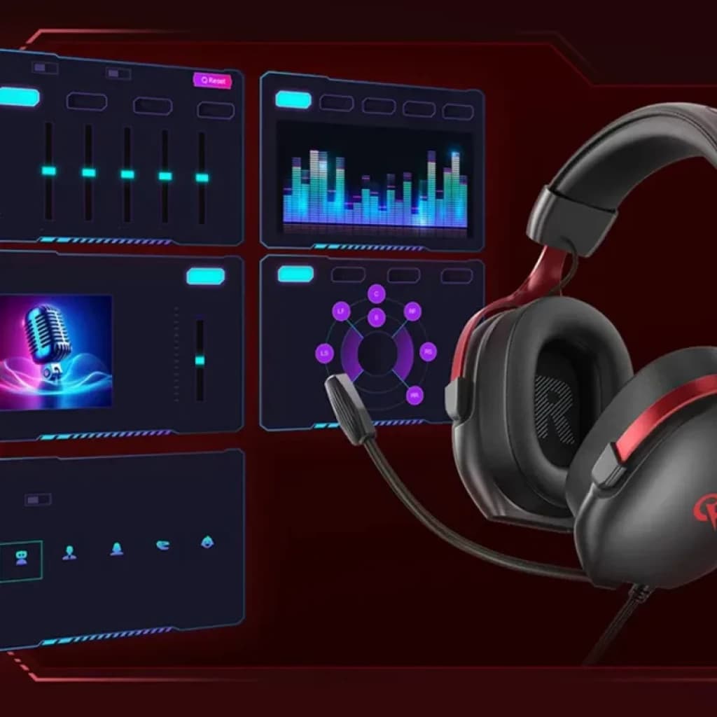 QCY Heroad VN200 USB-A casque gaming noir et rouge, arceau rembourré, oreillettes carrées 40 mm, micro flexible, éclairage LED, interface audio 7.1