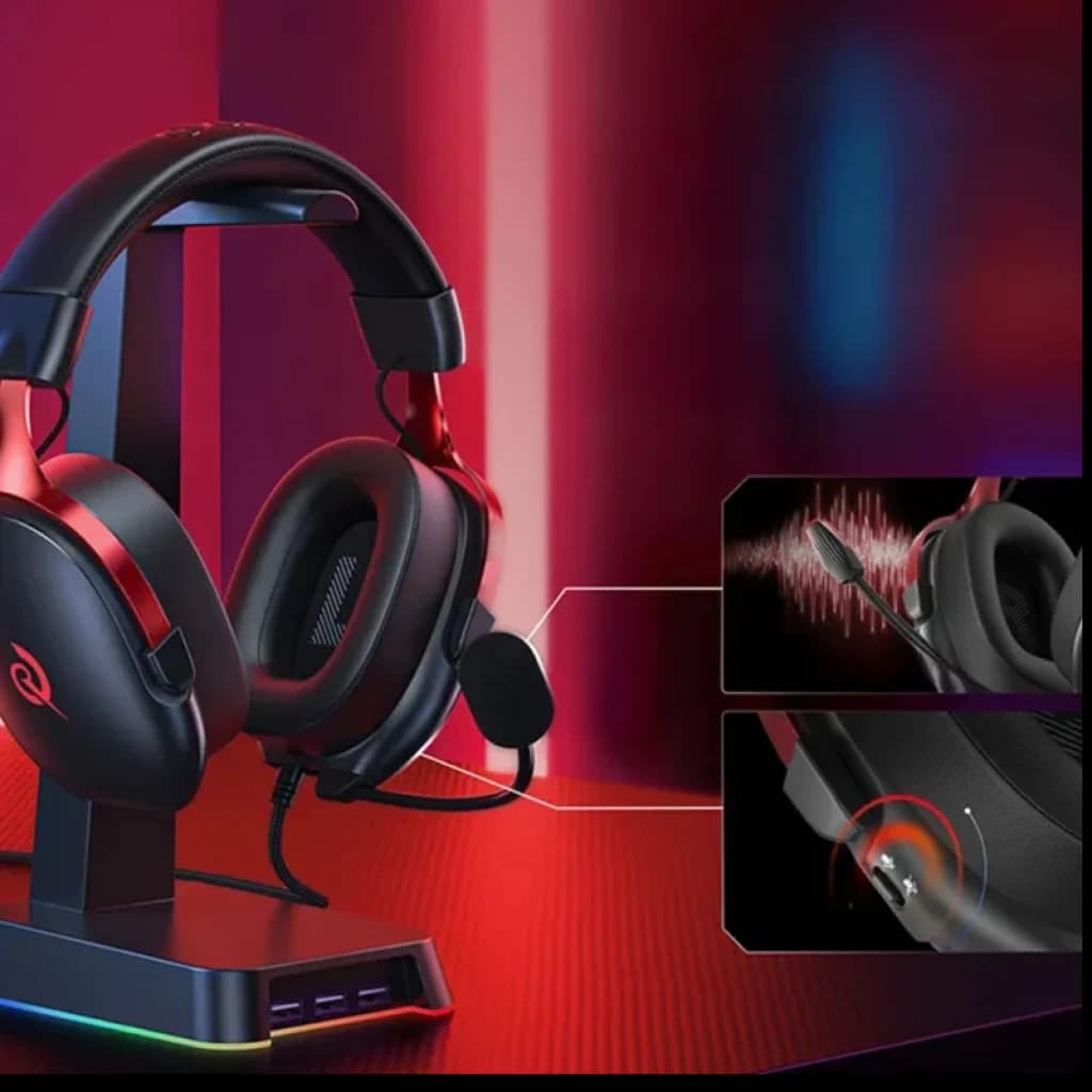 QCY Heroad VN200 USB-A casque gaming noir et rouge avec micro flexible, arceau rembourré, oreillettes ovales, bouton muet et base avec ports USB éclairés